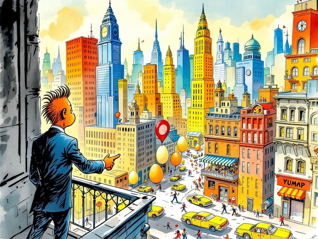Young Wumpy-Dumpling overlooking New Yump-City from a balcony